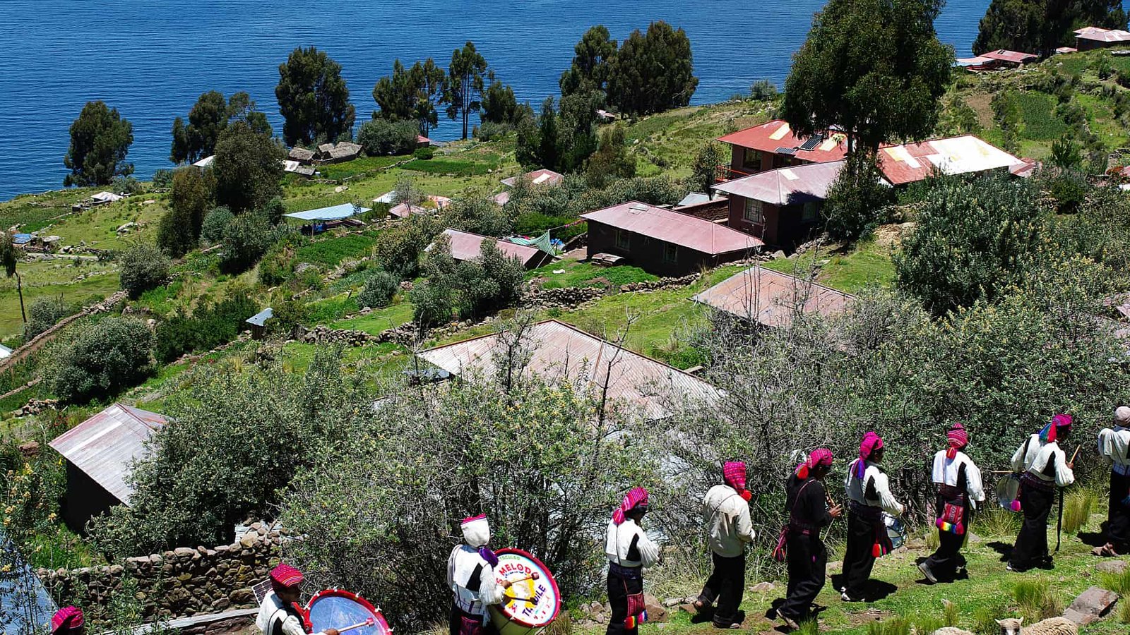 Casas con techos rojos rodeadas de vegetación y senderos en la isla.