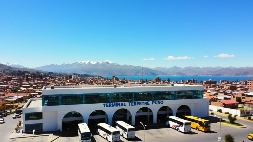 Vista general del Terminal Terrestre de Puno con la ciudad y montañas al fondo bajo un cielo azul.