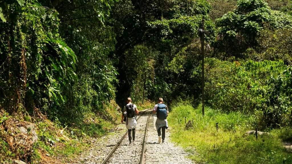 Dos excursionistas con mochilas caminando por las vías del tren rodeadas de exuberante selva verde.