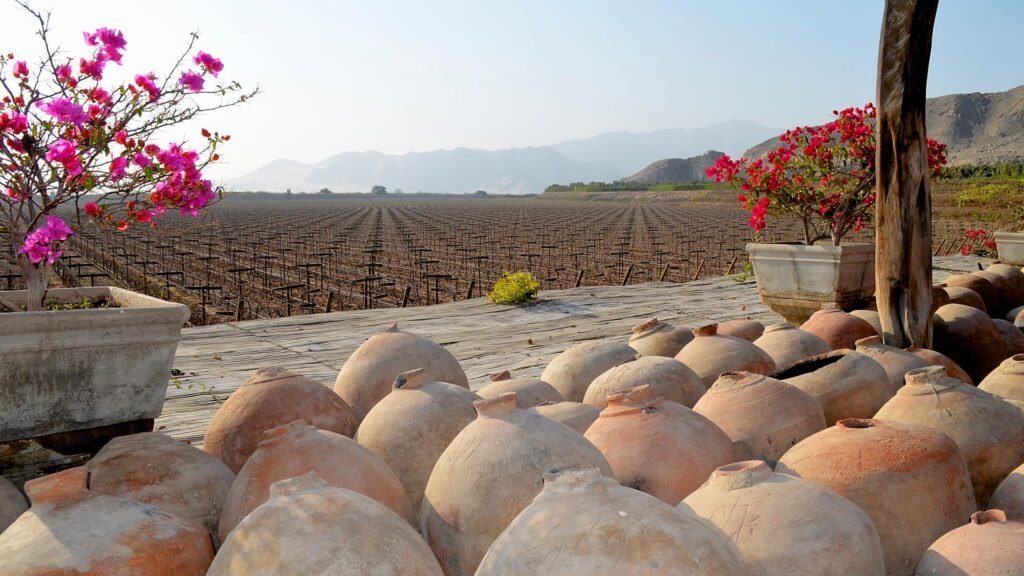 Botijas de barro antiguas utilizadas para fermentar pisco en una bodega.